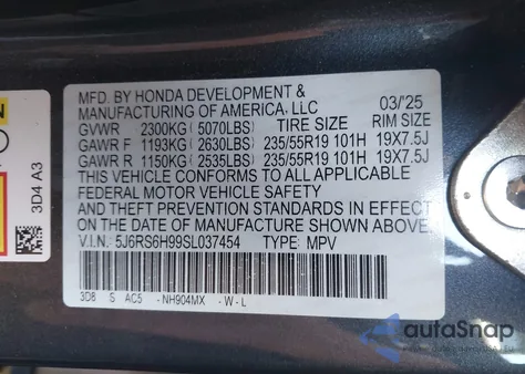 2025 Honda Cr-V Hybrid Sport Touring из США, поврежденный, VIN 5J6RS6H99SL037454